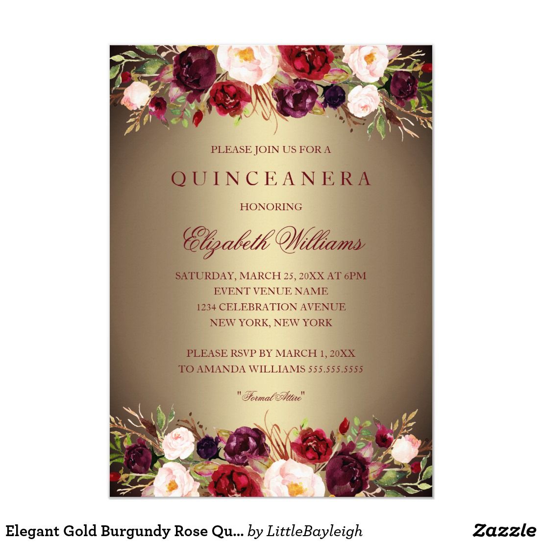 Elegant Gold Burgundy Rose Quinceanera Invite Elegant Gold Burgundy Rose Quinceanera Invite