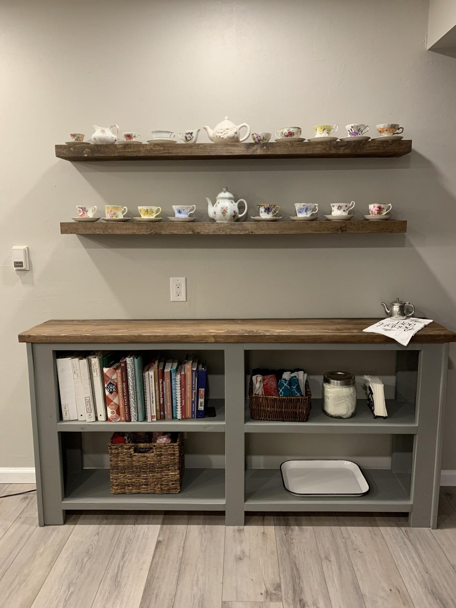 Floating shelves over Rustic X Console Table Ana White in 2020 Diy