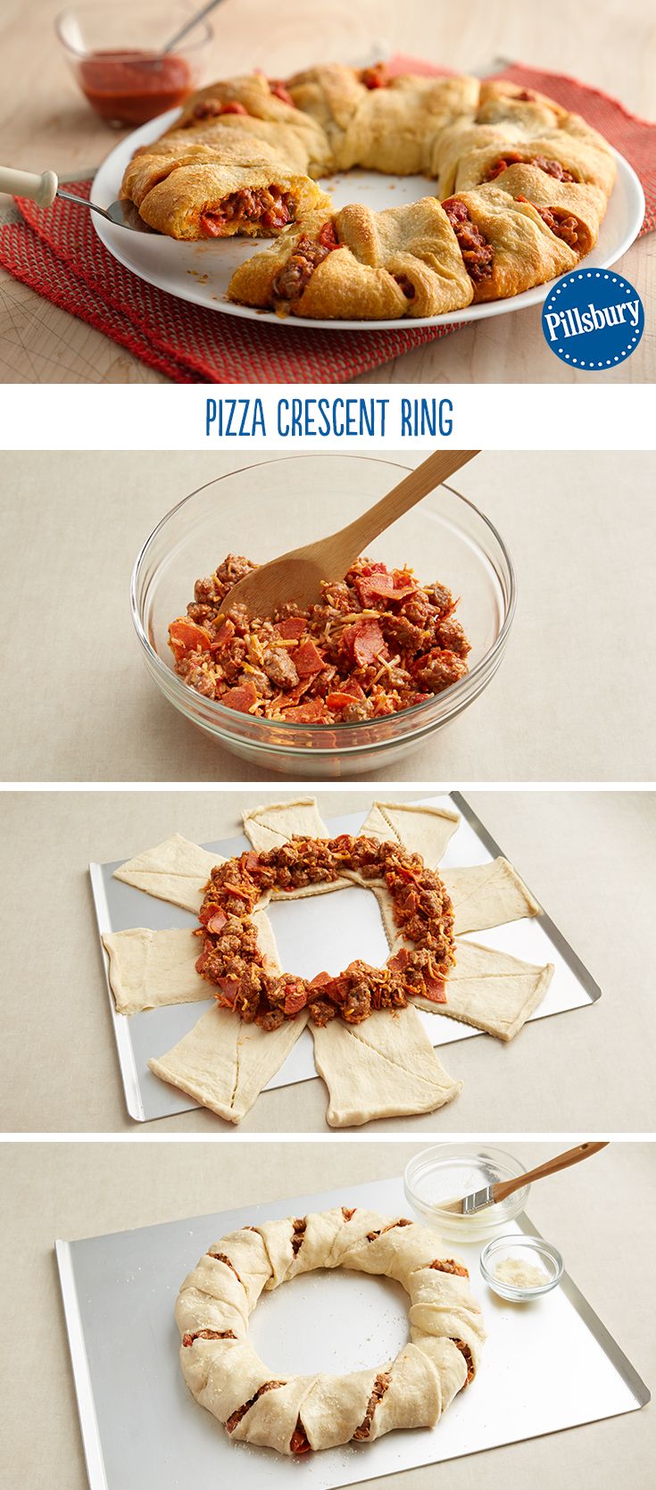 You'll hear a hoot here and a holler there from your kids after eating this fun recipe! Pizza night now has an easy twist with a crescent ring. Mix pepperoni, sausage, cheese and pizza sauce and fill your crescents. It's guaranteed to be a tried-and-true one for your weeknight dinner. Pizza Recipes, Dinner Recipes, Cooking Recipes, Weeknight Dinner, Easy Dinner, Crescent Ring Recipes, Weekly Dinner Menu, Crescent Rolls, Pizza Ring Cresent Roll