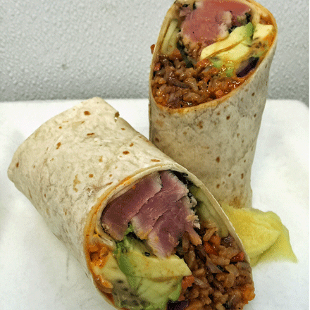 Spicy Tuna Hand Roll Burrito Sesame Crusted Ahi Tuna Fried Brown Rice Sliced Avocado House Made Ginger Pickles A With Images Fried Brown Rice Food Spicy Tuna