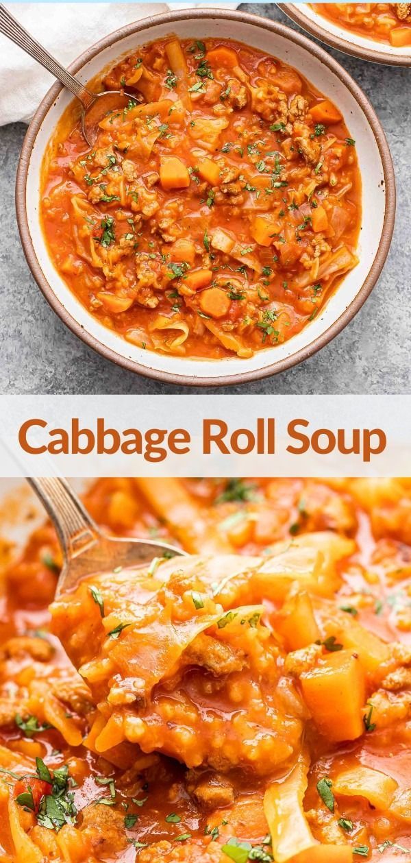 Cabbage Roll Soup has all the flavors of traditional cabbage rolls without the hassle of making them! This soup is hearty, healthy, full of flavor and perfect for a weeknight dinner! #cabbagerolls #cabbagerollsoup #soup #groundturkey #healthydinner #comfortfood Best Soup Recipes, Chili Recipes, Cabbage Recipes, Drink Recipes, Favorite Recipes, Cabbage Roll Soup, Cabbage Rolls, Yummy Dinners, Healthy Dinner Recipes