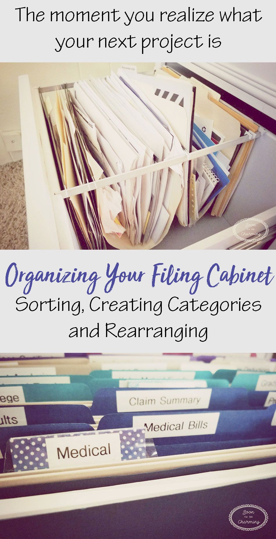 Tackling your filing cabinet can be a big task, but don't loose heart! Break down each step and create categories that make sense for your lifestyle. Don't forget to add a little color! #filingcabinet #organizing #office #filefolders Filing Cabinet Organization, Office Organization At Work, Organizing Paperwork, Clutter Organization, Household Organization, Paper Organization, Organizing Your Home, Organizing Ideas, Filing Cabinets