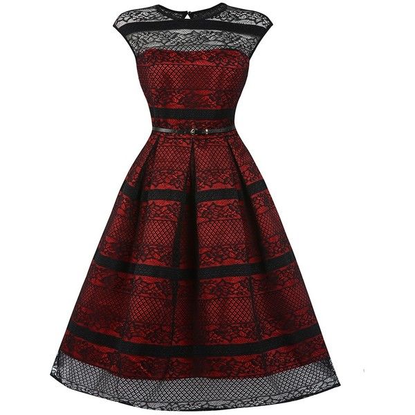Harlow' Red Black Swing Dress | Black swing dress, Black lace cocktail dress, Lace swing dress
