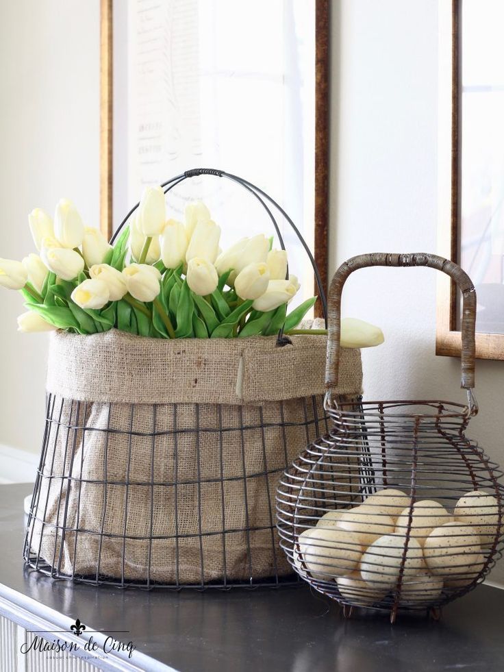 Vintage Spring, French Vintage, Vintage Easter, Pottery Barn Baskets, Vintage Wire Baskets, Simply Home, Decor Logo, Spring Home Decor, Spring Decorations