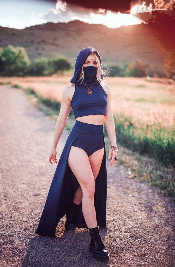 Dust Mask Hoodie ~ Crop Top with, Face Mask ~ Elven Forest, festival clothing, n...
