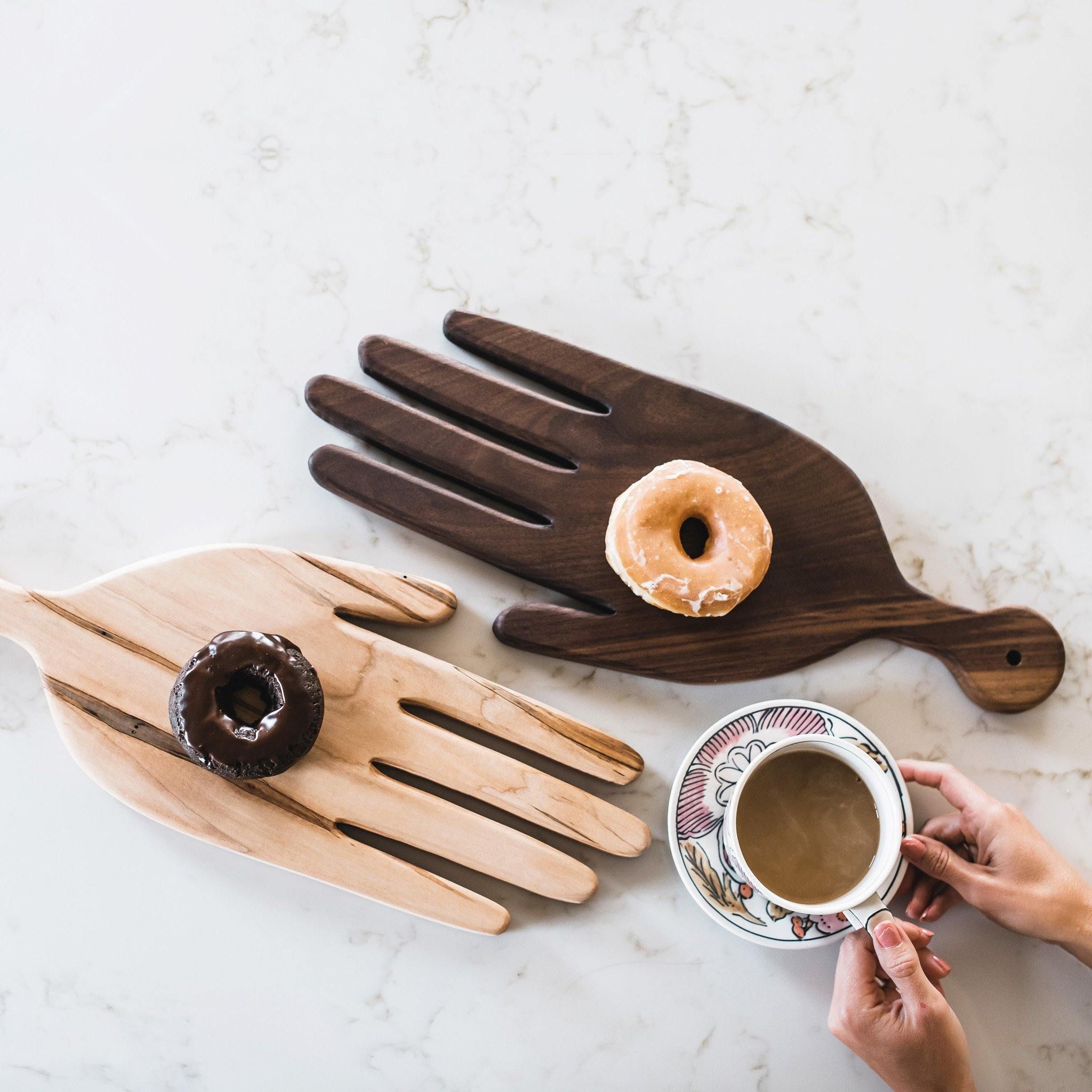 walnut and maple wooden hand serving board Achillea, Ambrosia, Wooden Hand, Serving Board, Charcuterie Board, Mild Soap, Golden Colorado, Coconut Oil, Maple