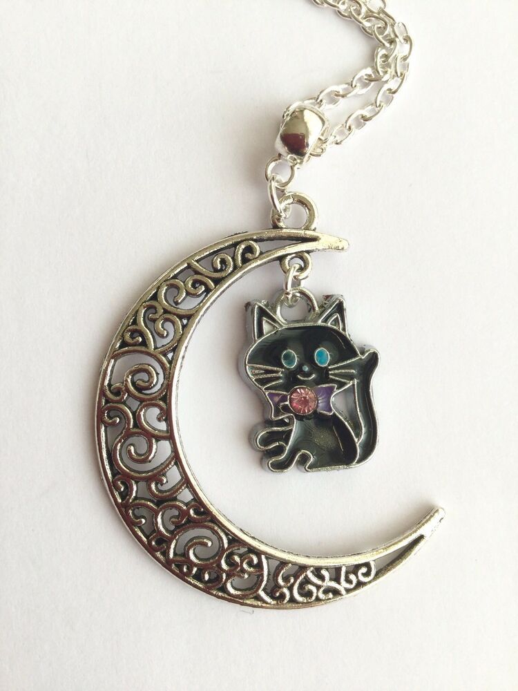 Black Cat On Moon Pendant Necklace Enamel W Crystal Eyes Gift Uk - Black Cat Pendant Uk Black Cat On Moon Pendant Necklace Enamel W Crystal Eyes Gift Uk - Black Cat Pendant Uk
