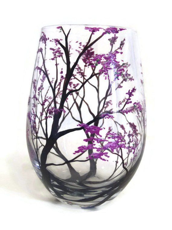 Verre de vin à la main peinte floraison printanière d’arbre Branches Art Unique fête des mères cadeau mariage pendaison de crémaillère d’anniversaire personnalisé collection verres à pied