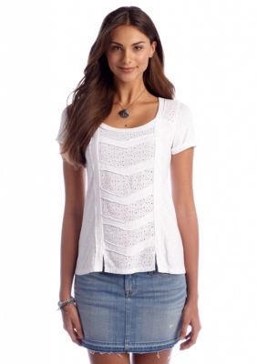 Lucky Brand Womens Glendale Woven Patchwork Tee