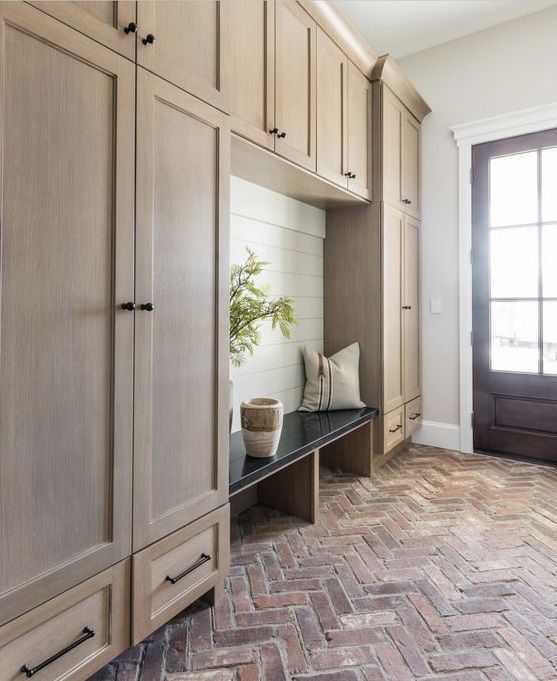 modern farmhouse Mudroom design with custom built in lockers, locker storage in mudroom ideas, hooks and bench in back foyer mudroom, mudroom storage, mudroom organization with shoe storage Mudroom Cabinets, Mudroom Flooring, Mudroom Decor, Mudroom Entryway, Brick Flooring, Bench Mudroom, Foyer Storage, Hallway Cabinet, Shoe Storage For Mudroom