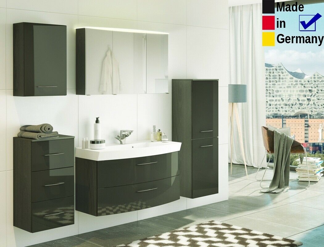 Badezimmer Fiona 56 Hochglanz grau 5-teilig Waschtisch 3D Spiegelschrank LED - ...