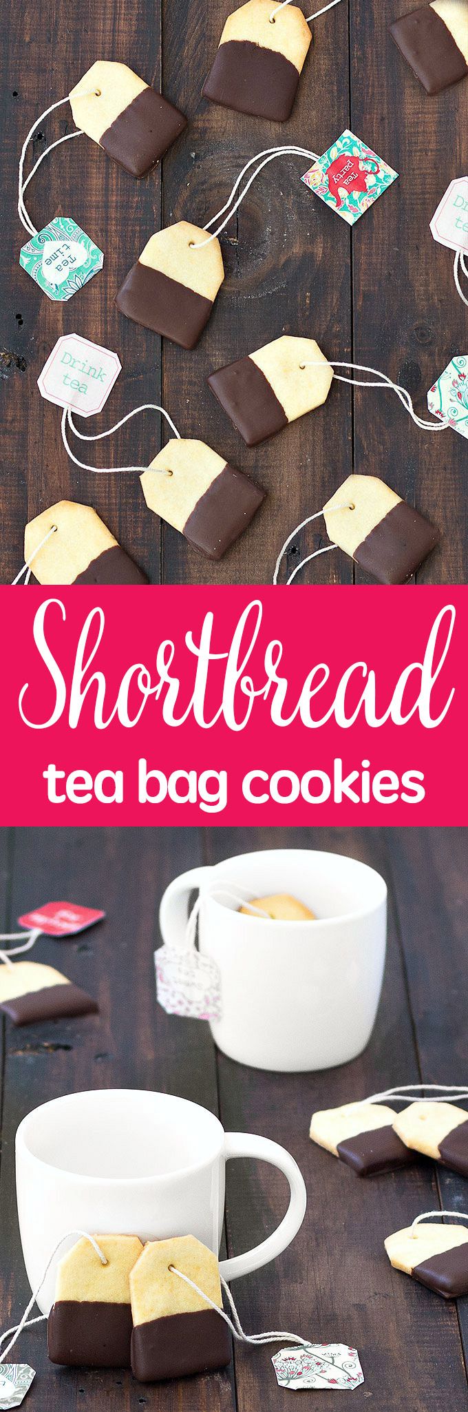 Impress your friends the next time you have them over for tea with these chocolate dipped shortbread tea bag cookies. Super easy recipe with step by step tutorial. Tea Bag Cookies, Cookies Et Biscuits, Shortbread Cookies, Baking Cookies, Tea Biscuits, Oatmeal Cookies, Sugar Cookie, Tea Party Food, Party Snacks