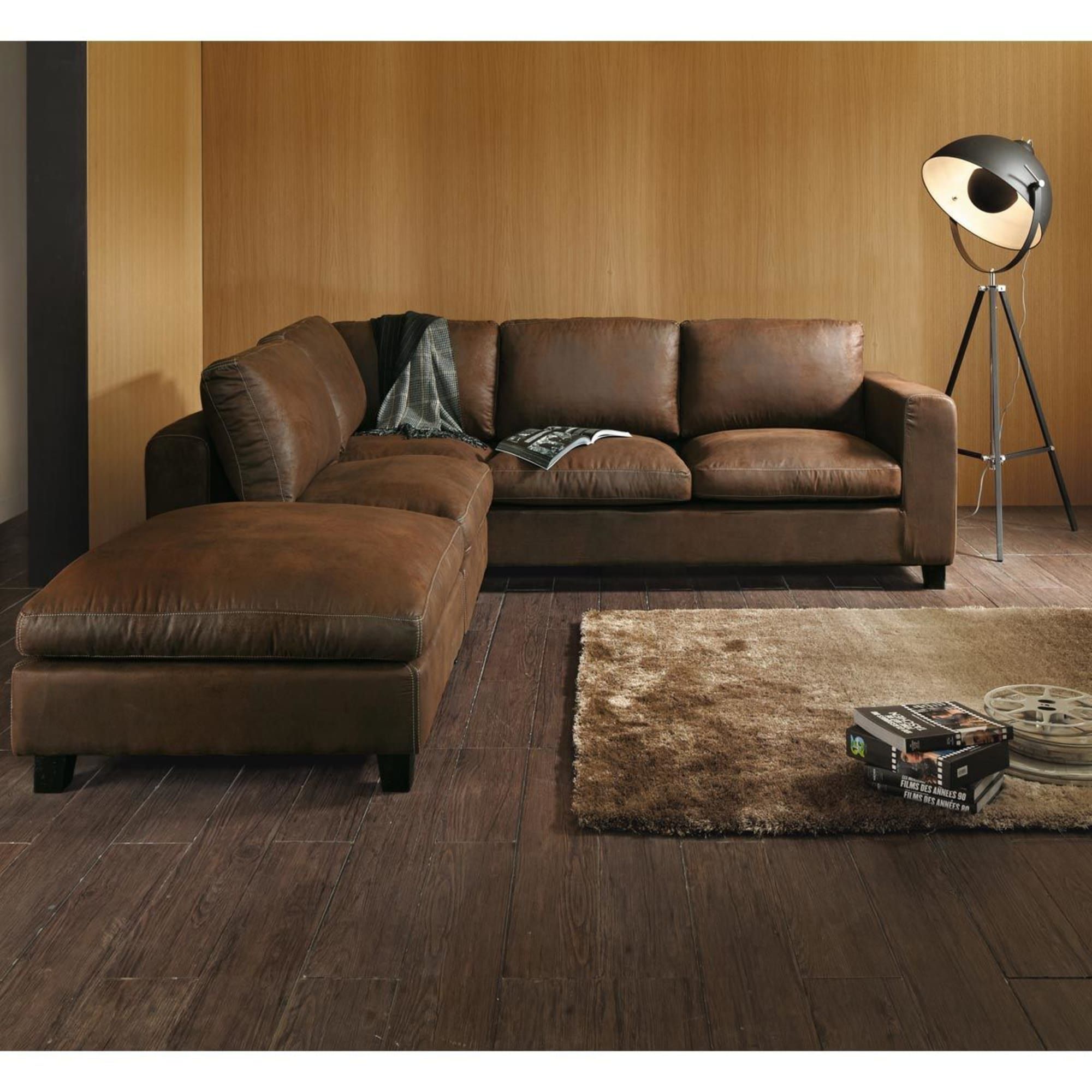 canape d angle 5 places en suedine marron maisons du monde brown leather sofa sofa furniture sun lounger cushions