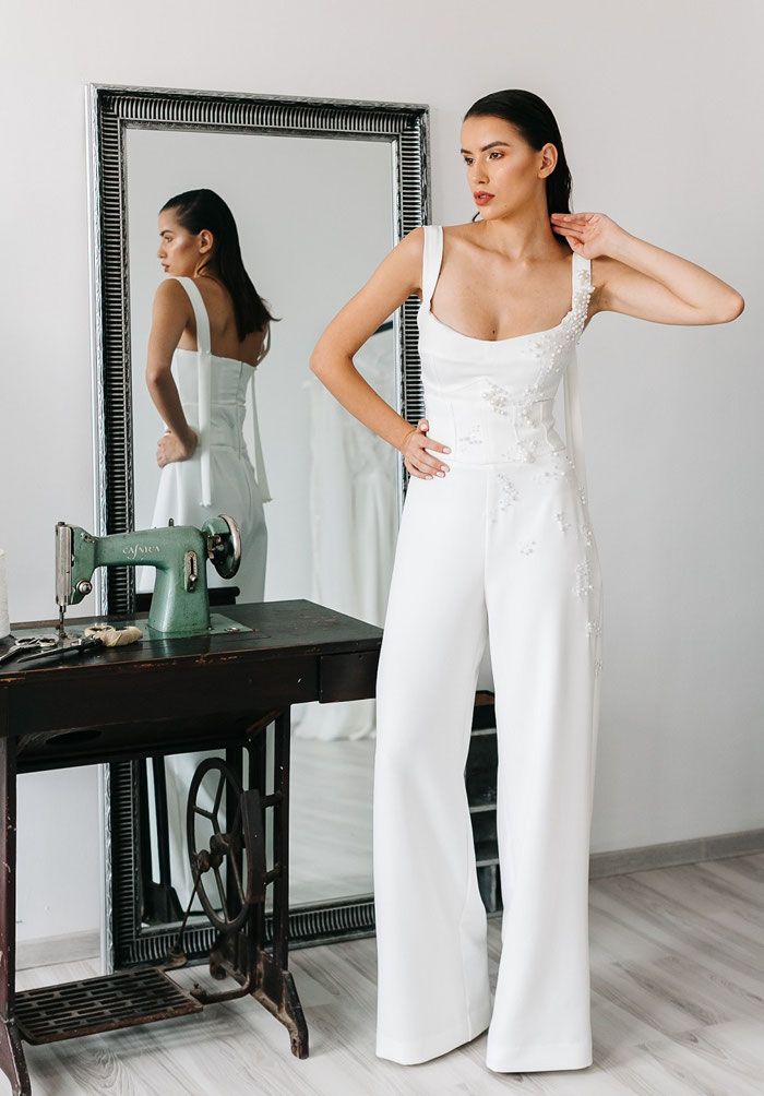 21 jumpsuits for the fashion-forward bride Bridal Jumpsuit The Bride, White Jumpsuit Wedding, Bridal Wear, Wedding Pantsuit The Bride Jumpsuits, Bridal Pantsuit Brides, Formal Jumpsuit, Bridal Outfits, Wedding Outfit, Jumpsuit Elegante