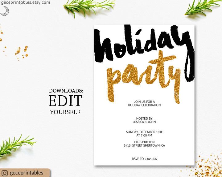 Gold Holiday Party Invitation Template printable gold glitter