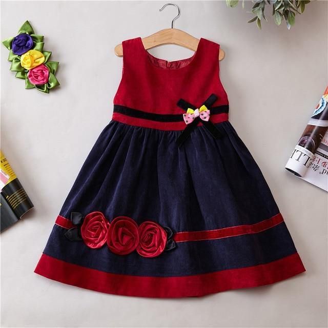Vintage Corduroy Girls Party Dress - gules / 6