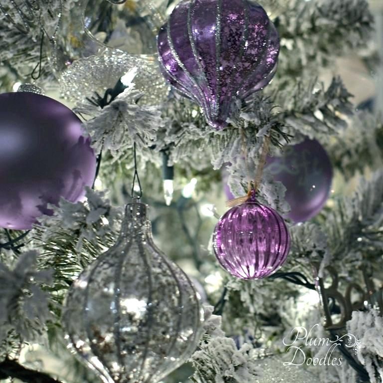 White Flocked Christmas Tree & Lilac Purple Ornaments | Purple ... Christmas Trees Decorated Purple