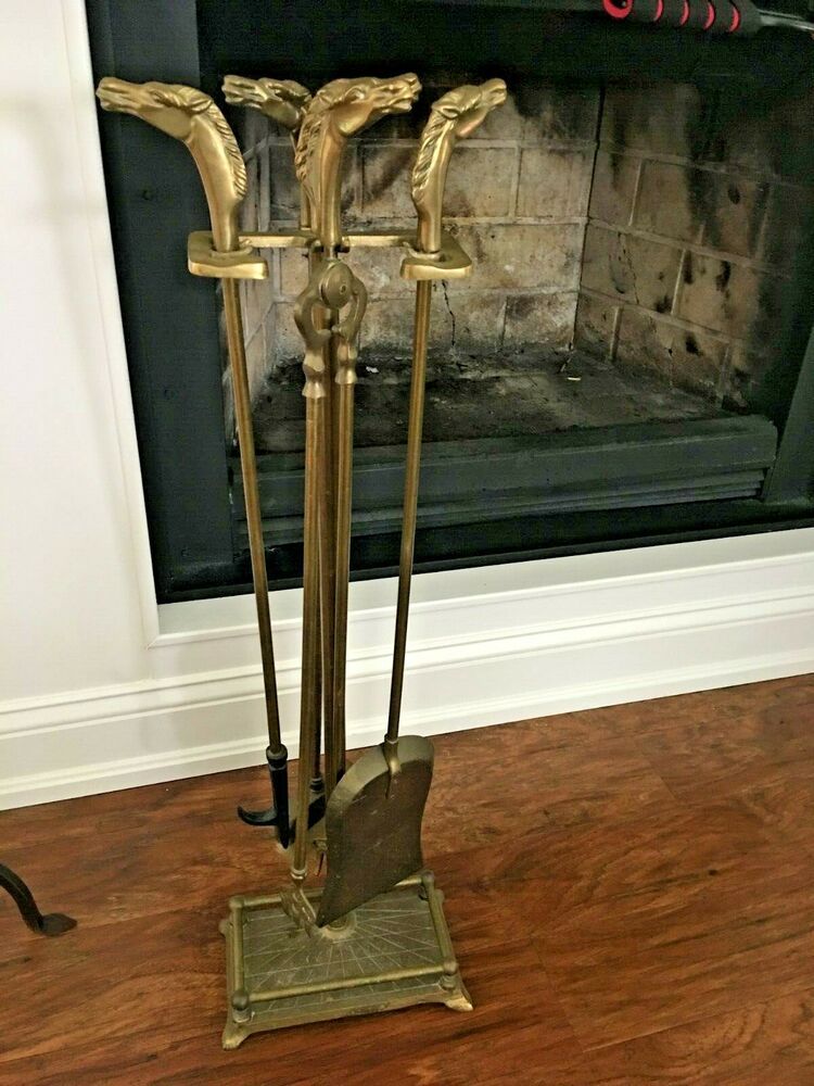 Solid Brass Fireplace Tool Set With Horse Head Handles Tools Vintage - Brass Horse Head Fireplace Tools Solid Brass Fireplace Tool Set With Horse Head Handles Tools Vintage - Brass Horse Head Fireplace Tools