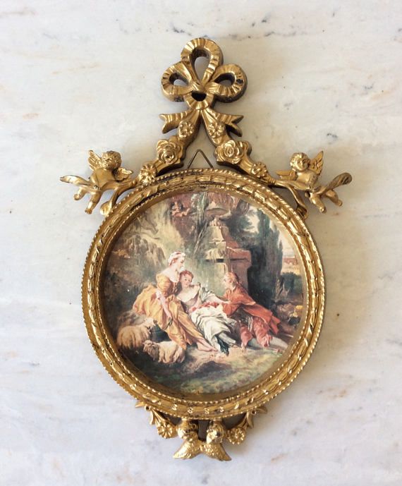 Vintage Ornate Picture Frame Frames Set Christmas Ornaments Rhinestones Gold Enameled Metal Victorian Regency French Country Decor Baroque