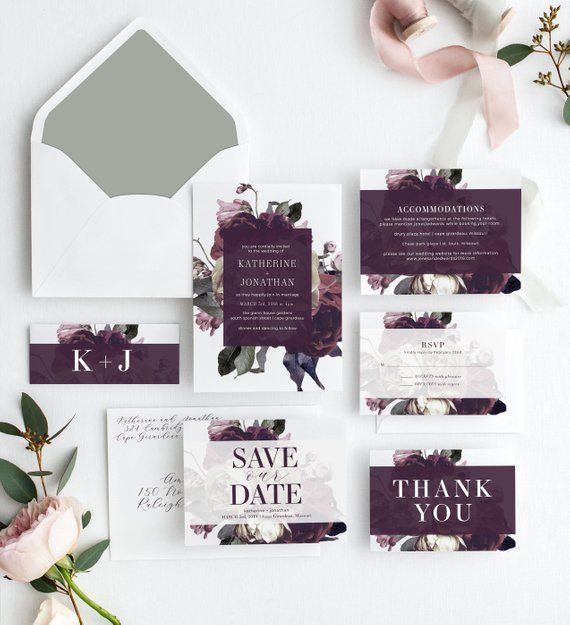 Vintage Rose II Collection Wedding Invitation Suite - Dramatic Purple Romantic Boho Florals
