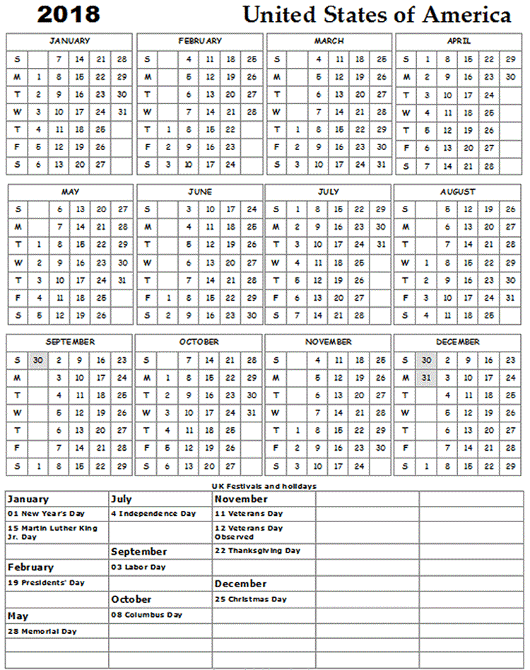 us 2018 calendar