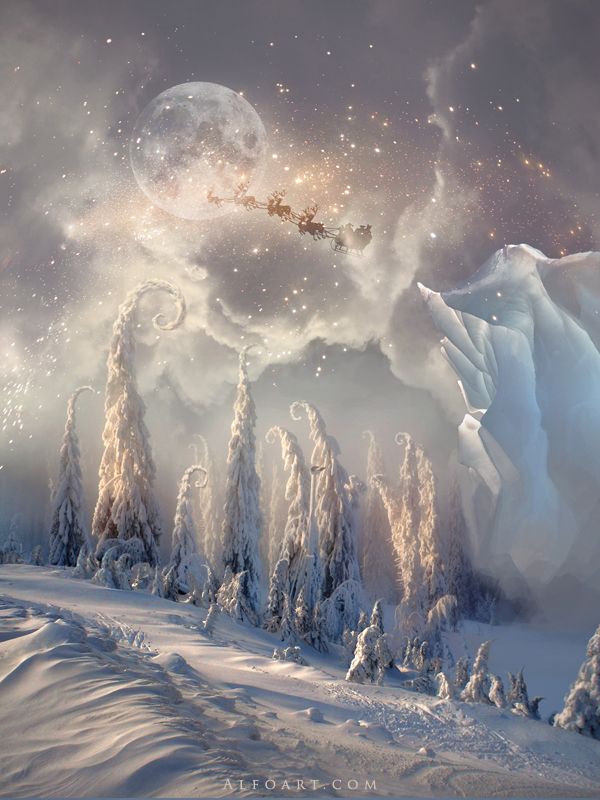 Christmas night, new year card, flying Santa Claus, fairy christmas landscape, snow scene, christmas trees, iceberg, night stars, moon light, santa's deers, christmas sleigh. Merry Christmas, Christmas Night, Christmas Scenes, Christmas Pictures, Vintage Christmas, Christmas Holidays, Christmas Decorations, Christmas Sleigh, Magical Christmas