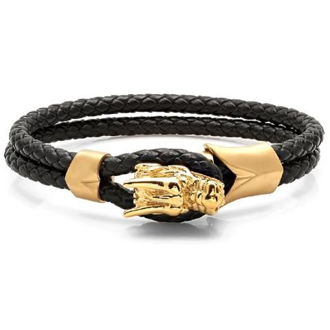 Steeltime Genuine Leather 18k Gold Plated Dragon Head Bracelet Gold Plated Dragon Head Bracelet