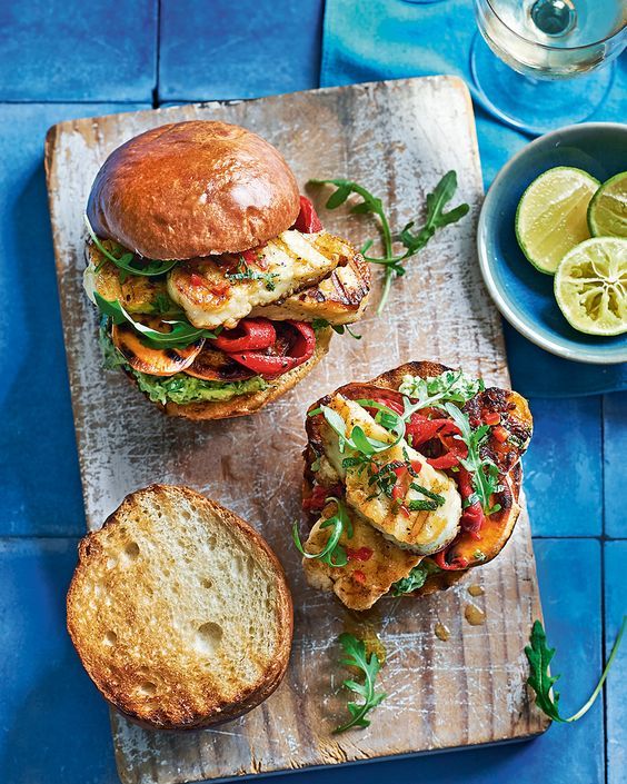 Slices of halloumi and sweet potato are marinated, grilled and placed in burger buns spread with a generous amount of smashed avocado. That's vegetari Vegetarian Burger Recipe, Burger Recipes, Bbq Recipes, Veggie Recipes, Dinner Recipes, Cooking Recipes, Healthy Recipes, Avocado Vegetarian, Vegetarian Barbecue