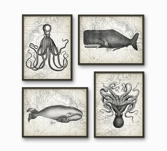 Whales And Octopus Bathroom Print Set Of 4 Decor Marine Whales And Octopus Bathroom Print Set Of 4 Decor Marine Biology Art Whale Ilration Ab217