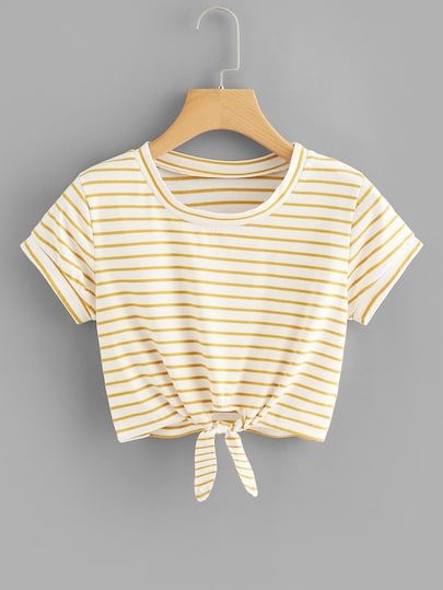 Crop T-Shirt mit Knoten vorn und Streifen - German SheIn(Sheinside) #cutecroptops