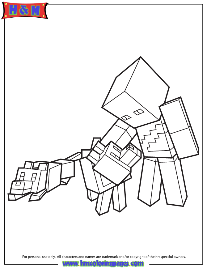 Minecraft Character And Wolves Coloring Page