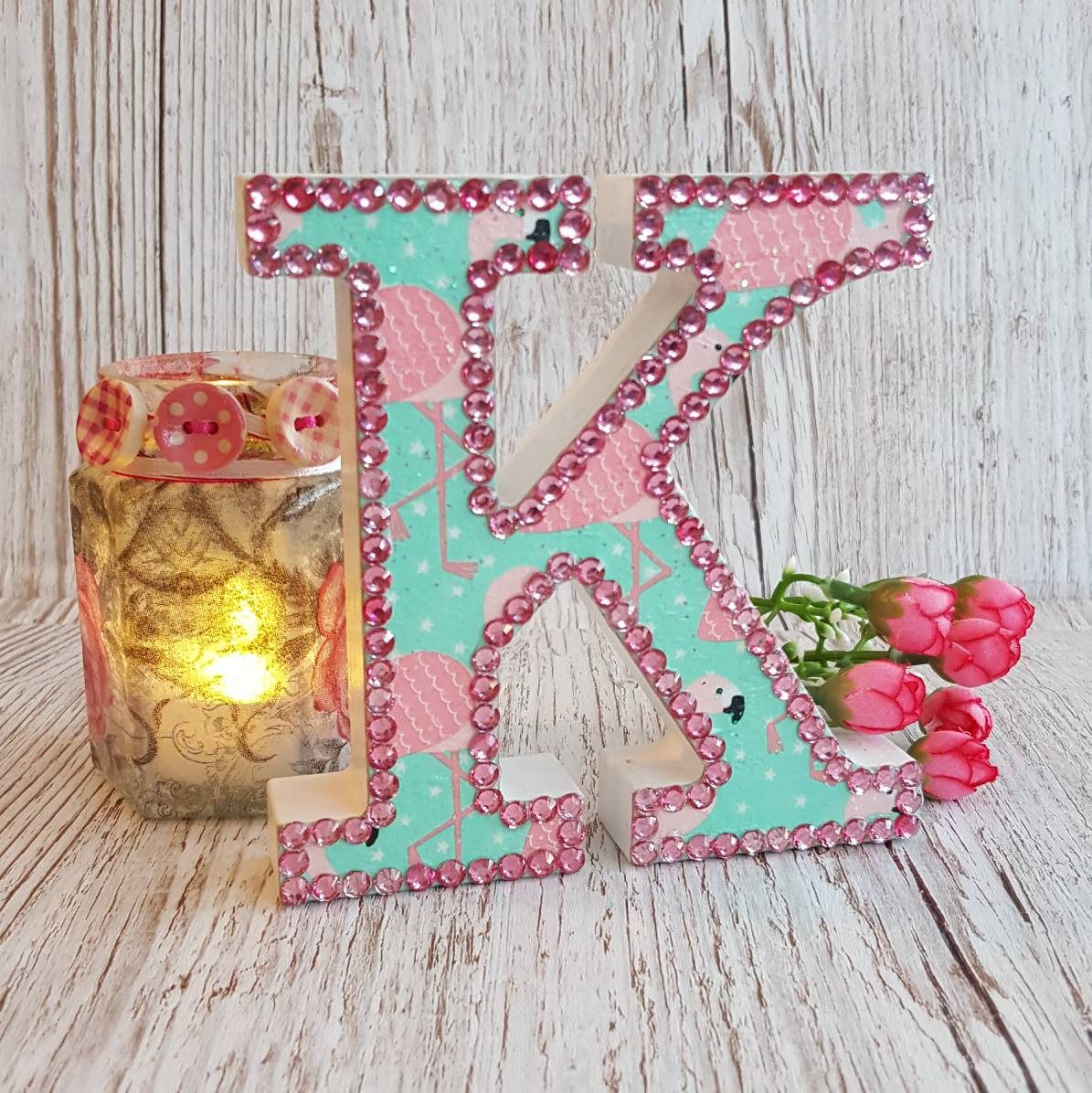 letter k flamingo with pink rhinestones glitter initial