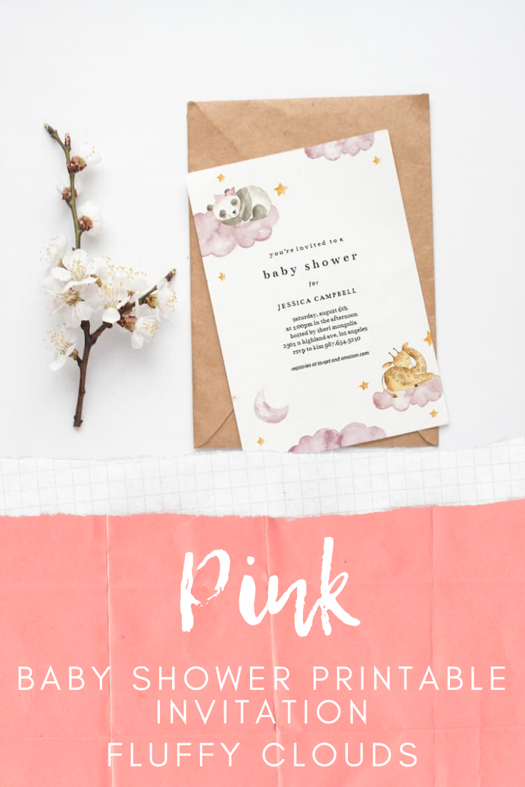 Baby Shower Printable Invitation -Animals on Fluffy clouds –