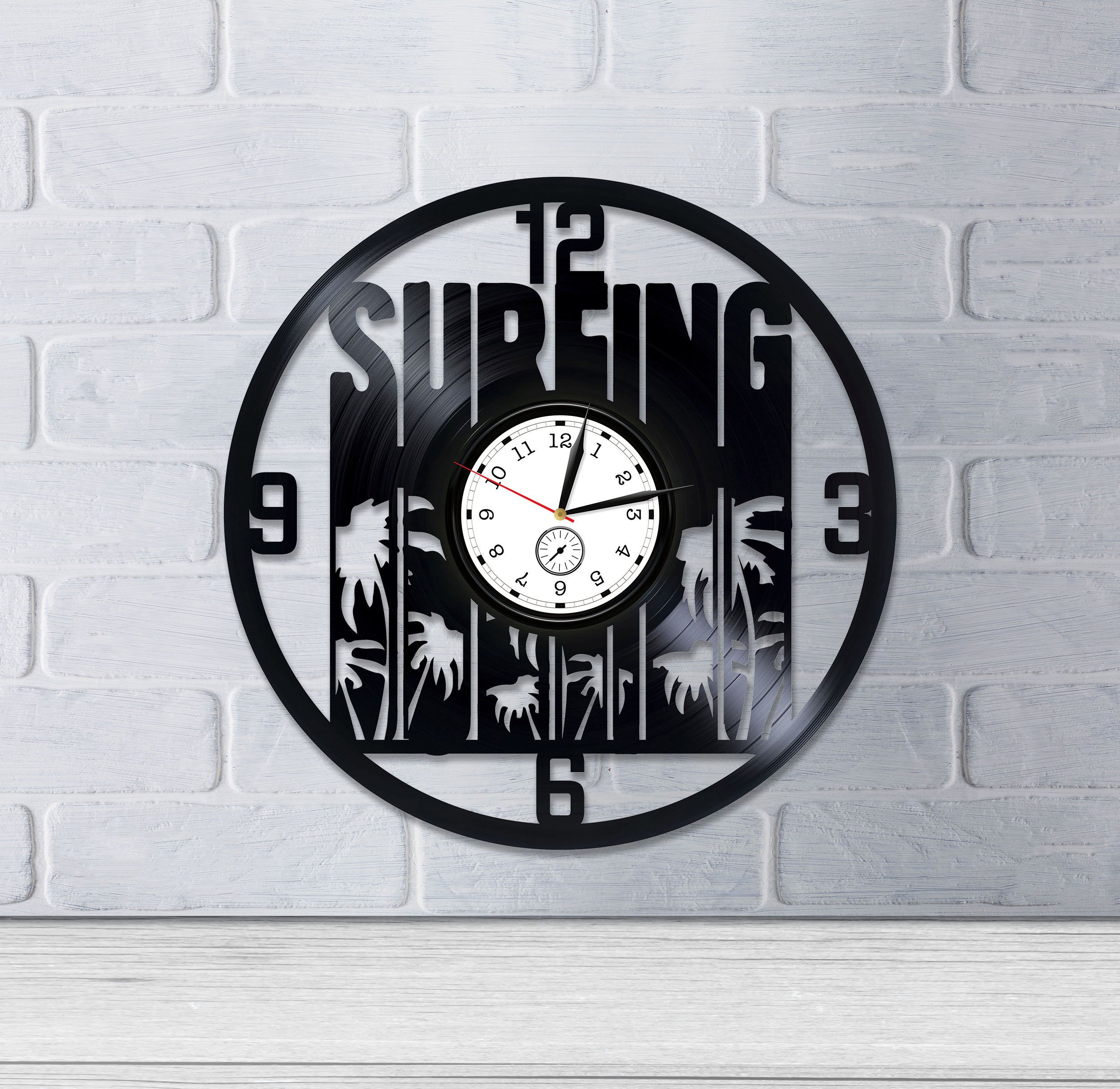 Surfing Art Gift For Fan Lp Retro Vinyl Record Surfing Wall Clock Large Sport Art Wall Clock Vintage Surfing Birthday Gift Surf Art Vintage Wall Clock Art Gift
