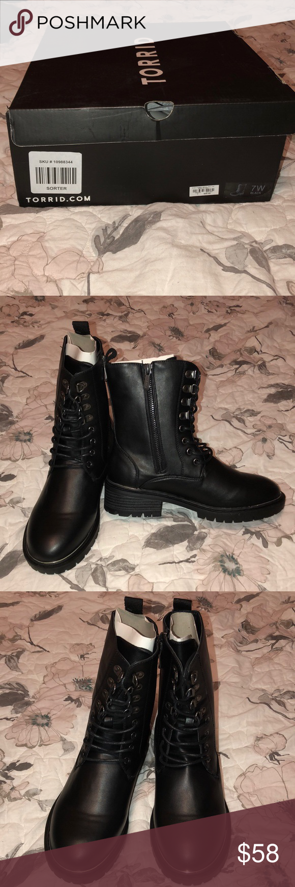 NWB Torrid Combat Boots With Silver Trim New with box Torrid black combat boots. Size 7(labeled 7W but runs small, closer to standard size 7 fit). Has side zipper, lace up front, and silver detail on toe and heel of shoe. Super cool, I love these so much I ended up buying them for myself twice! My fave boots to wear for fall/winter. Never worn, only out of box for pics.