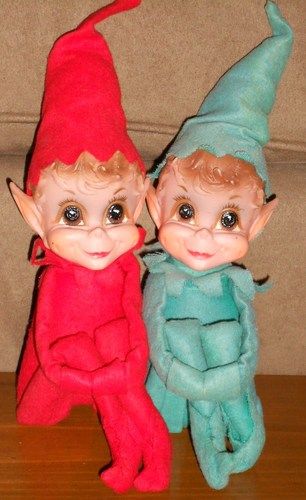 Two Vintage 1968 Knee Hugger Shelf Sitting Elf Elves Made By R Knee Hugger Shelf Sitting Elf Elves