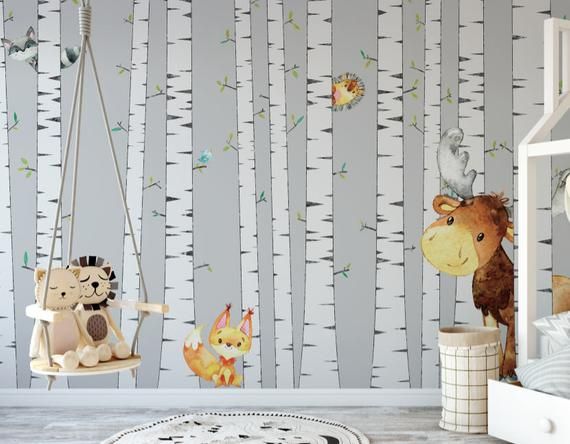 Birch Tree with Woodland Creatures Wallpaper // Removable | Etsy