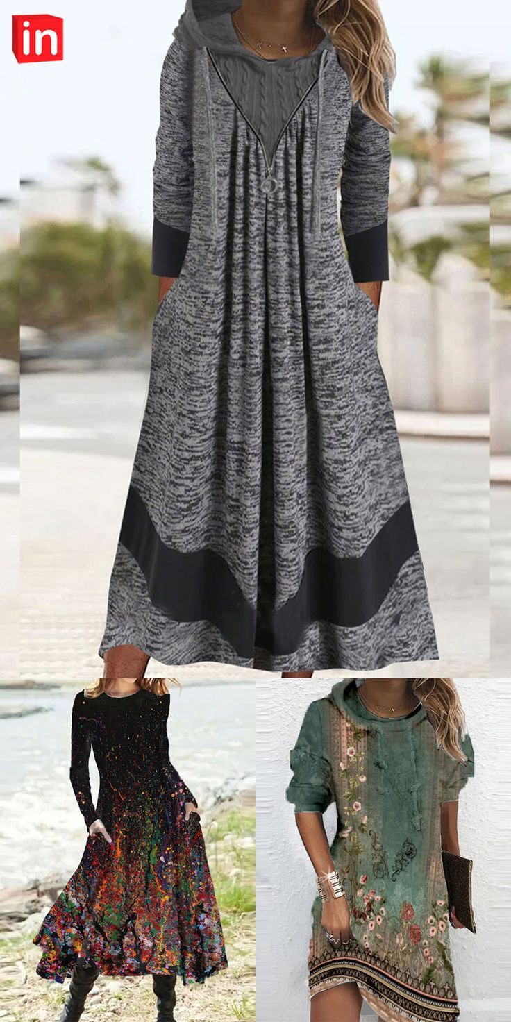 Women's Sweater Dress Hoodie Dress Knit Dress Midi Dress Dark Gray 3/4 Length Sleeve Color Block Zipper Winter Fall Autumn Hooded Stylish Vacation Weekend 2022 Autumn Dresses Elegant, Fall Dresses, Dresses For Sale, Dresses Online, Womens Dresses, Hoodie Dress, Sweater Dress, Knit Dress, Midi Dress
