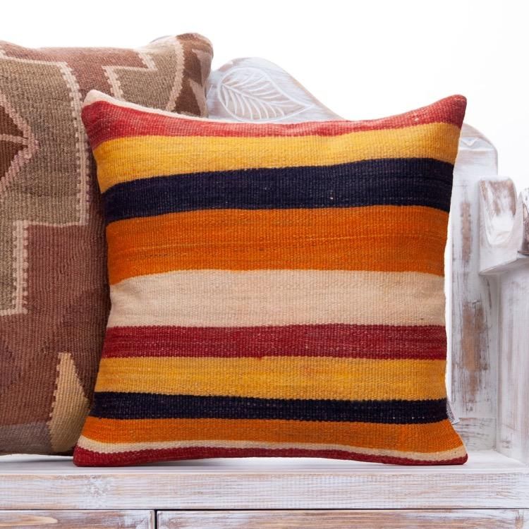 Striped Colorful Kilim Rug Pillow 18x18 Decorative Sofa Couch Striped Colorful Kilim Rug Pillow 18x18