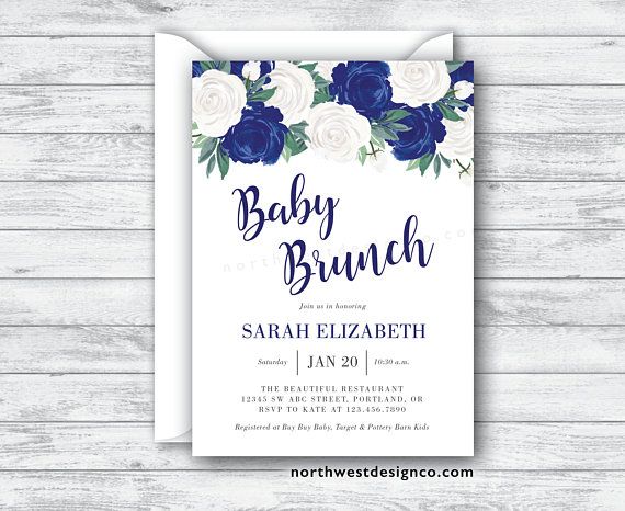 navy and white floral baby brunch invitation 5x7 digital file or