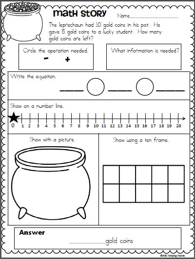 Free St Patrick s Day Subtraction Story Math Worksheet