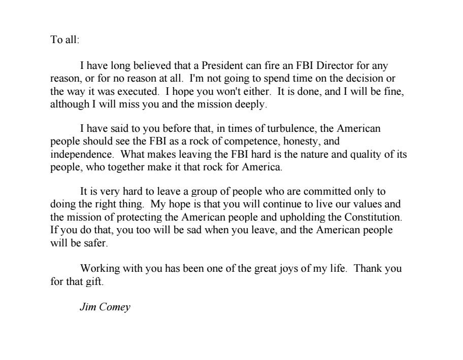 james comey writes farewell letter to f b i bureaus james comey comey letter