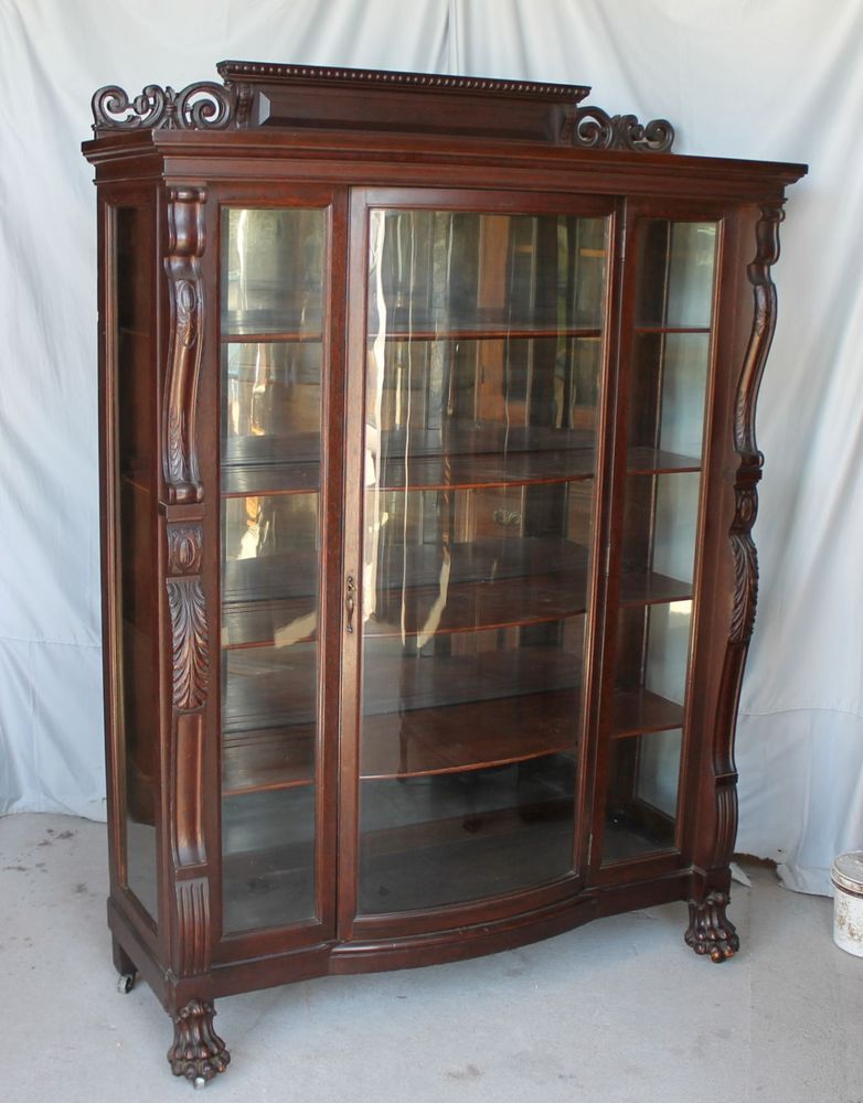 Large Antique Carved Oak China Curio Cabinet Original Finish Large Antique Carved Oak China Curio Cabinet Ebay