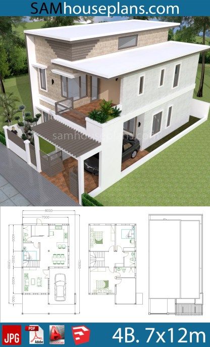 House Plans 7x12m with 4 Bedrooms Plot 8x15 - Sam House Plans Small House Design Plans, House Layout Plans, Simple House Design, Home Design Plan, House Front Design, House Layouts, House Designs Exterior, Modern House Design, House Exterior