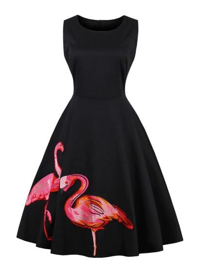 Black Sleeveless flamingo Pattern Women's Day Dress #blacksleevelessdress