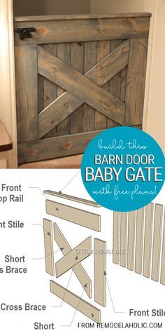 DIY Wooden Baby Gate, Barn Door, Planked X, By @Remodelaholic, Barn Door Baby Gate for Stairs #diycrafts Barn Door Baby Gate, Baby Gate For Stairs, Diy Stairs, Baby Barn, Dog Door, Basement Stairs, Farm Door Diy, Stair Gate Diy, Wood Gate Diy