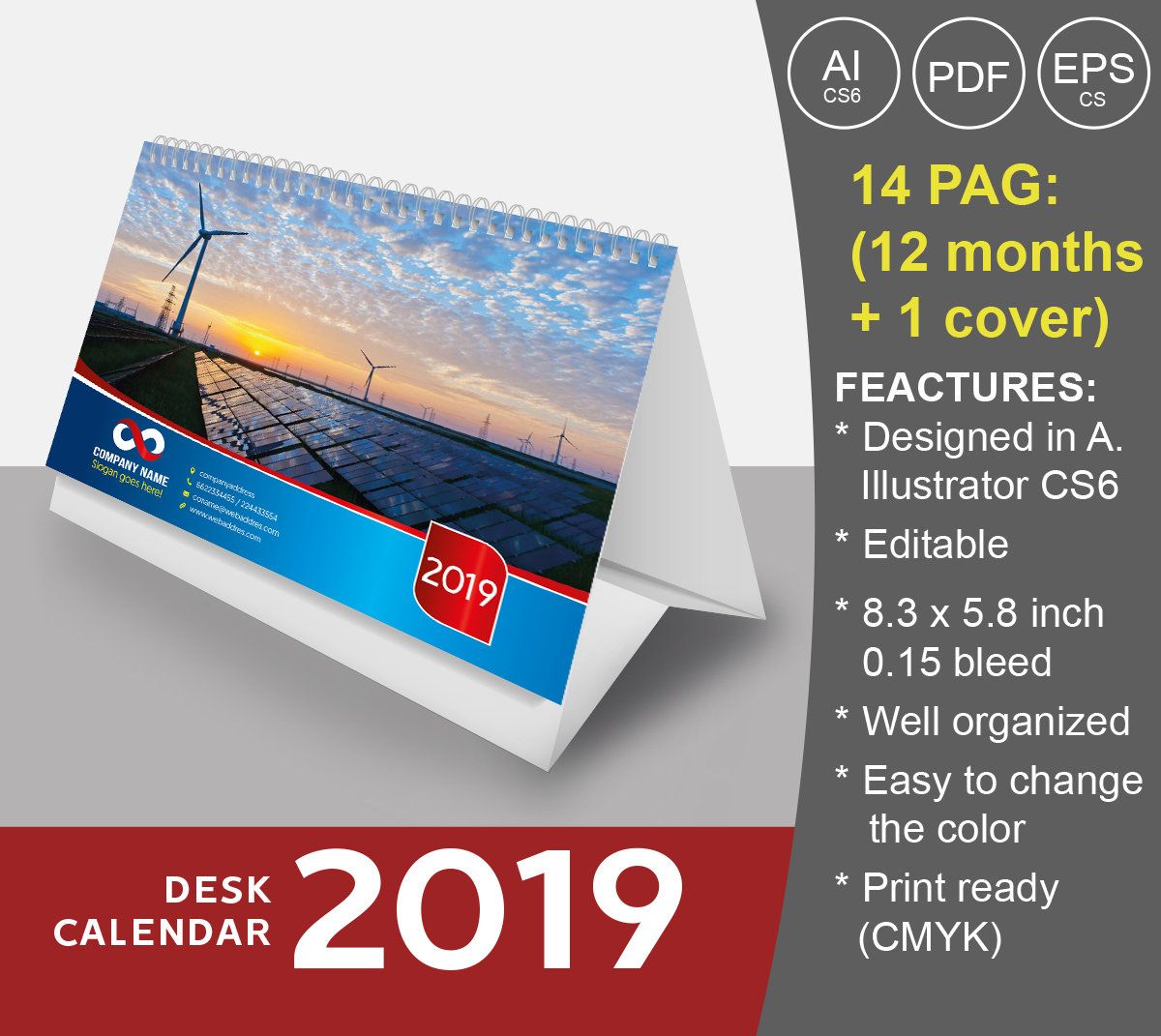 Desk Calendar 2019, Template, full editable, print, calendario, 2019 Desk Calendar 2019, Template, full editable, print, calendario, 2019