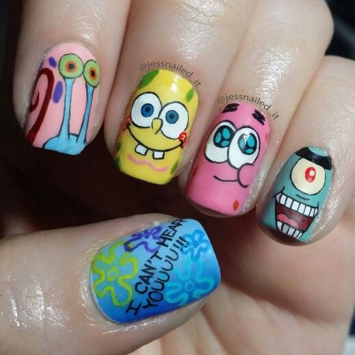 Spongebob Nails Painted By @jessnailed_it On Instagram #nails I never thought my favorite Movie Cartoon Character would be on nails. See more: Cartoon Nail Designs - Spongebob Nails Painted By @jessnailed_it On Instagram #nails