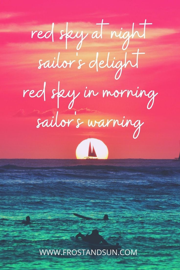 Photo of a red sunset over the ocean with a silhouette of a sailboat and people surfing in the ocean. Text on the photo reads "red sky at night, sailor's delight. red sky in morning, sailor's warning." Sunset Captions For Instagram, Instagram Feed, Best Sunset, Gorgeous Sunset, Romantic Sunset Quotes, Sky Break, The Complete Poems, Sunset Lover