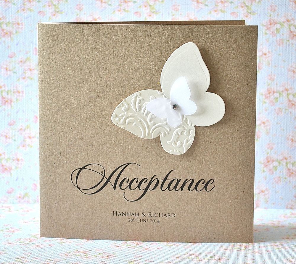 personalised wedding acceptance or regret card butterfly shabby chic